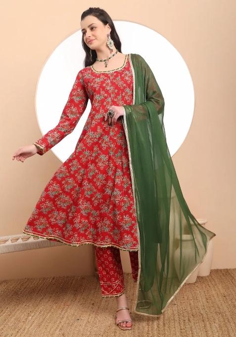 Red Motif Cotton Kurta Dupatta Set