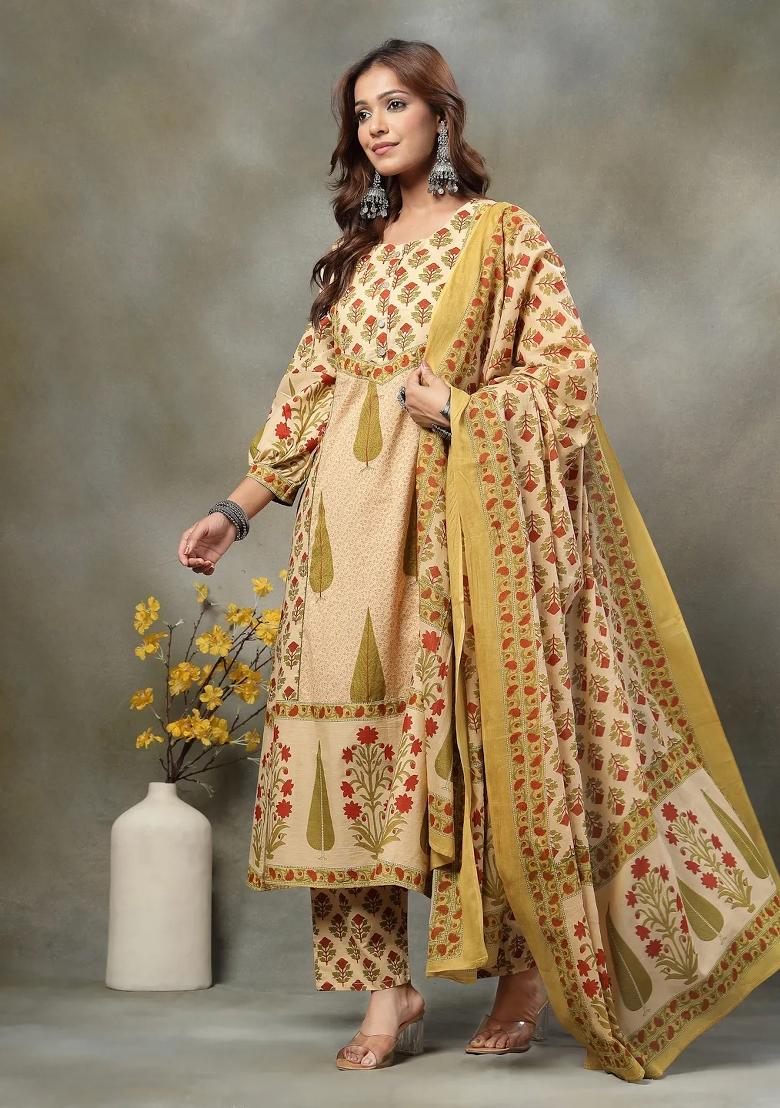 Green Printed Cotton Kurta Dupatta Set - Indya