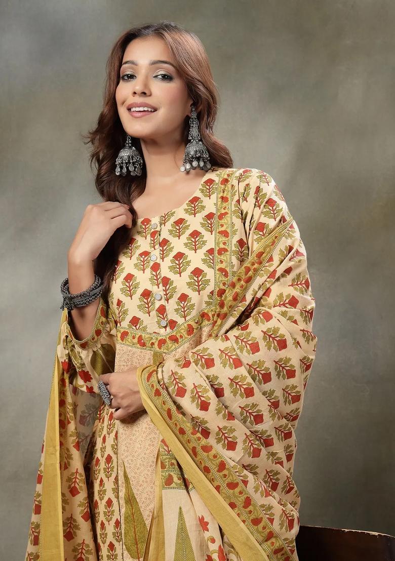 Green Printed Cotton Kurta Dupatta Set - Indya