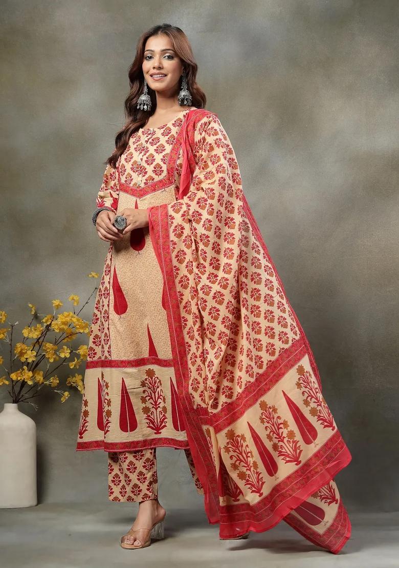 Red Printed Cotton Kurta Dupatta Set - Indya