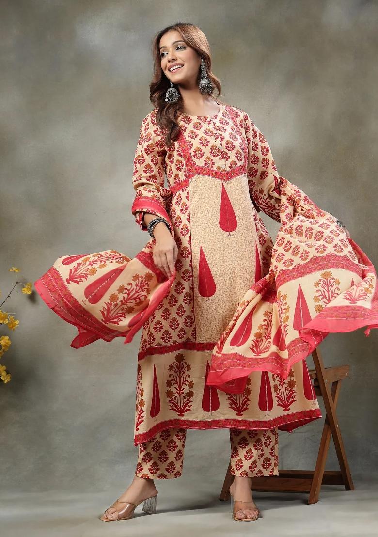 Red Printed Cotton Kurta Dupatta Set - Indya