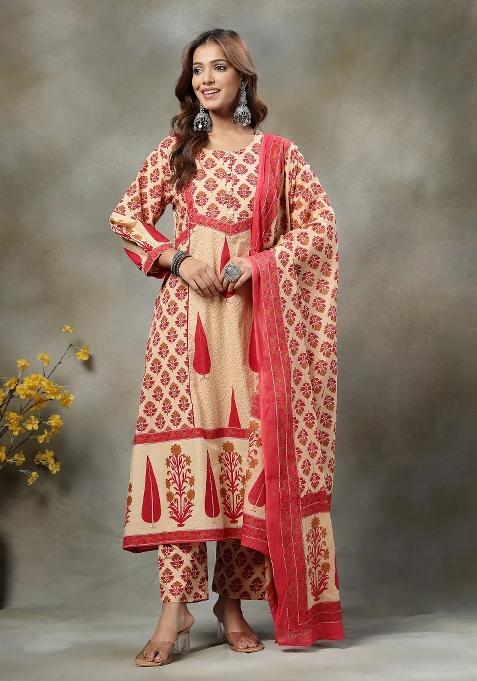 Red Printed Cotton Kurta Dupatta Set
