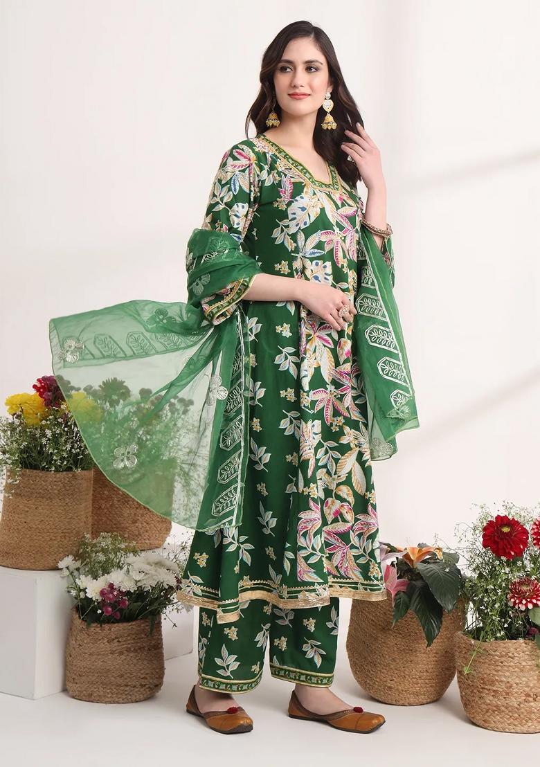 Green Printed Cotton Kurta Dupatta Set - Indya