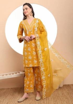 Mustard Motif Cotton Kurta Dupatta Set