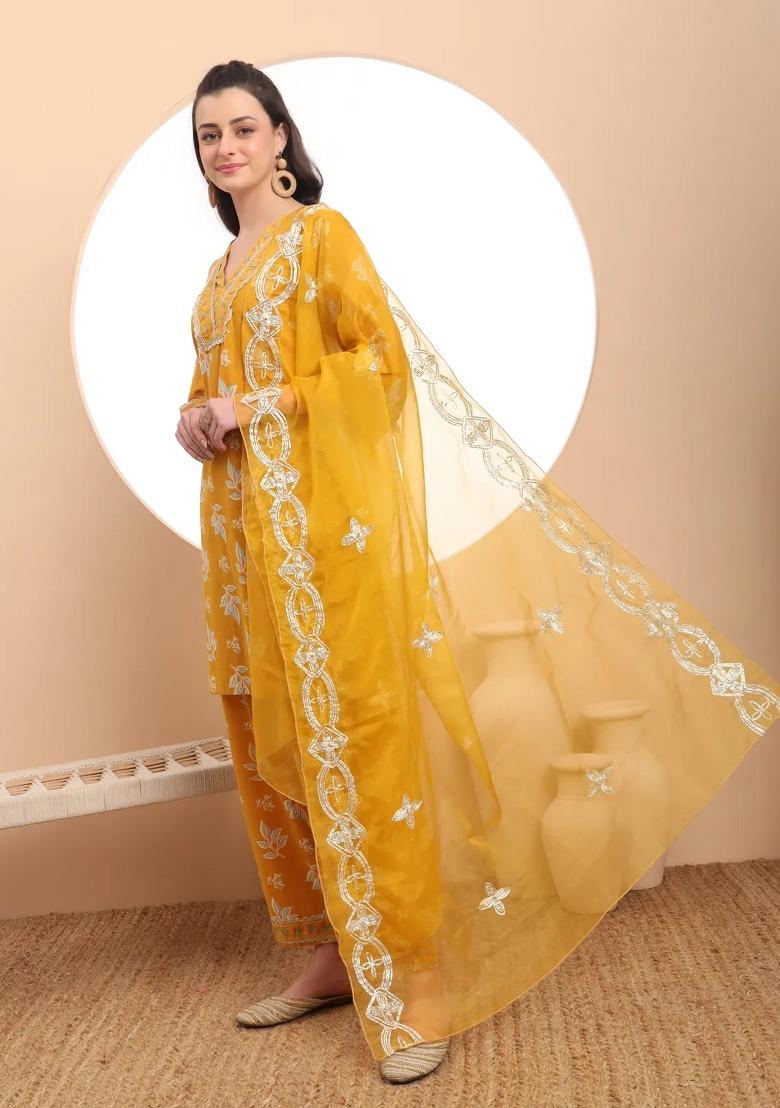 Mustard Motif Cotton Kurta Dupatta Set - Indya