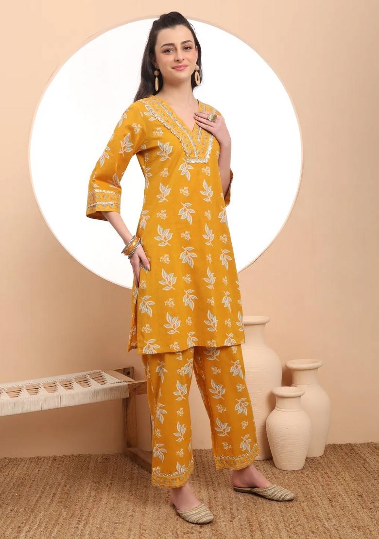 Mustard Motif Cotton Kurta Dupatta Set - Indya