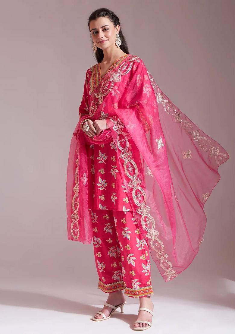 Pink Motif Cotton Kurta Dupatta Set - Indya