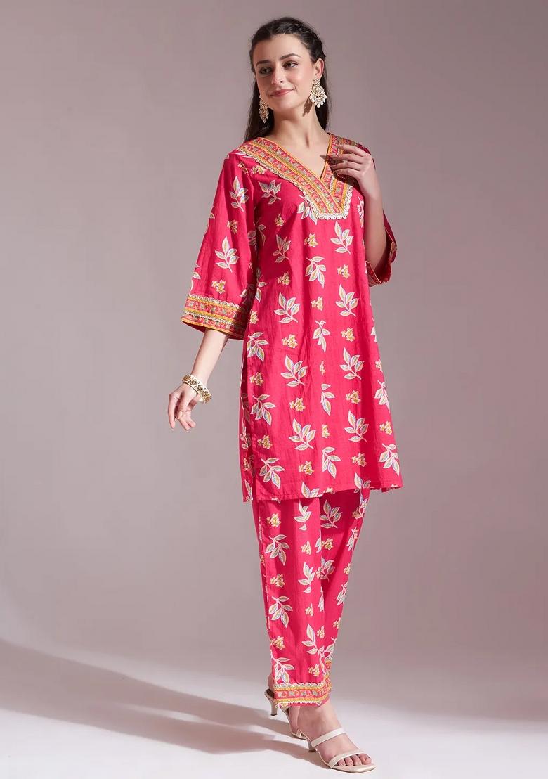 Pink Motif Cotton Kurta Dupatta Set - Indya