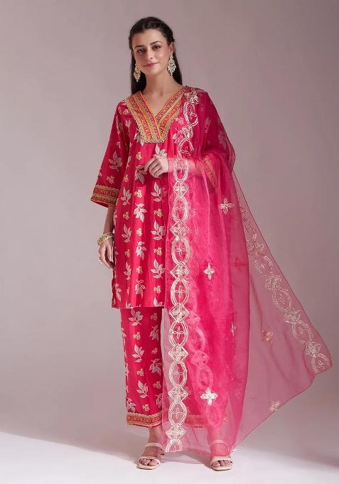 Pink Motif Cotton Kurta Dupatta Set