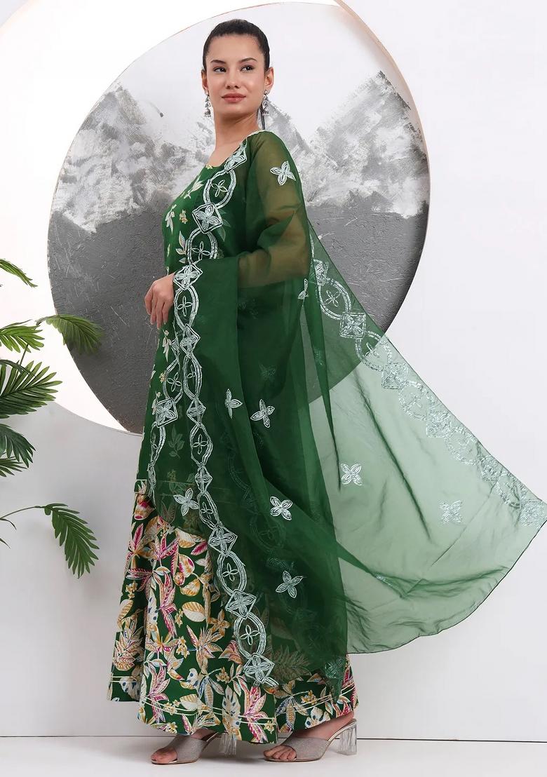 Green Motif Cotton Kurta Dupatta Set - Indya