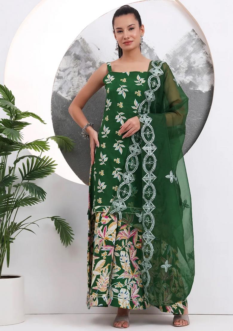 Green Motif Cotton Kurta Dupatta Set - Indya