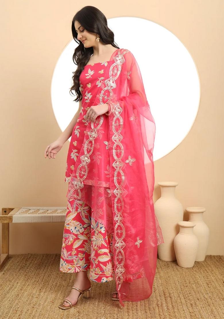 Pink Motif Cotton Kurta Dupatta Set - Indya