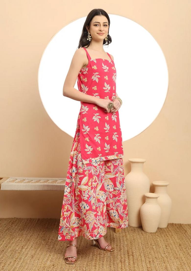 Pink Motif Cotton Kurta Dupatta Set - Indya