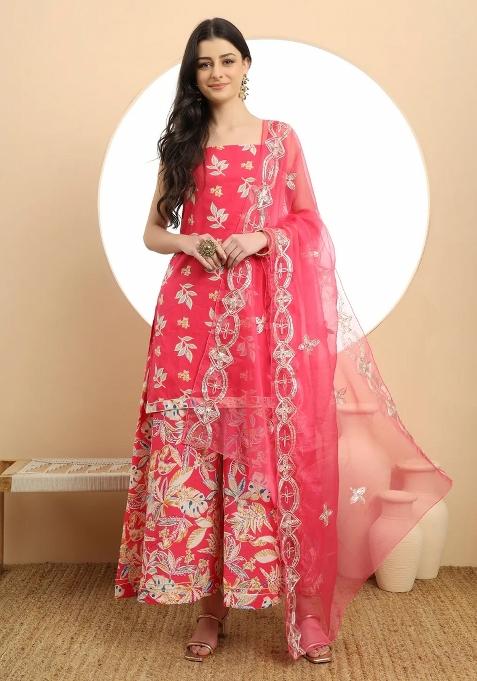Pink Motif Cotton Kurta Dupatta Set