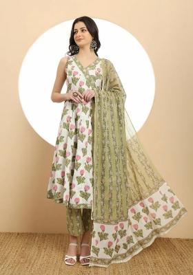 White Printed Cotton Kurta Dupatta Set