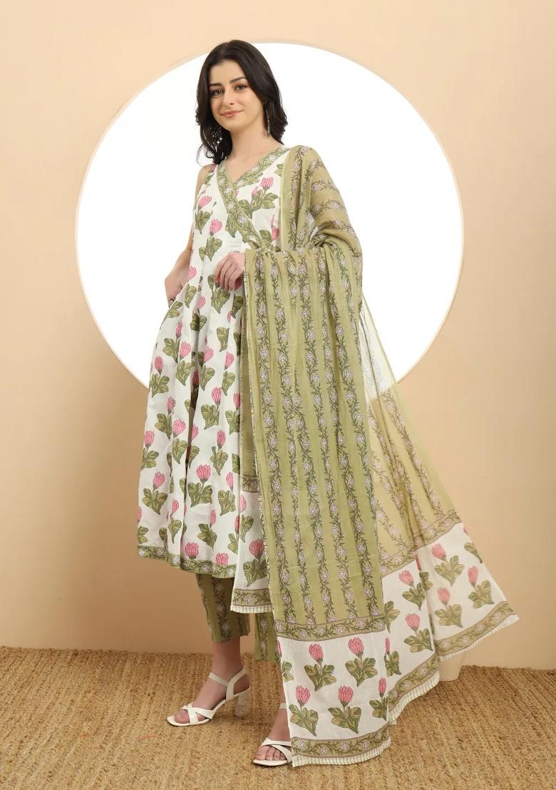 White Printed Cotton Kurta Dupatta Set - Indya