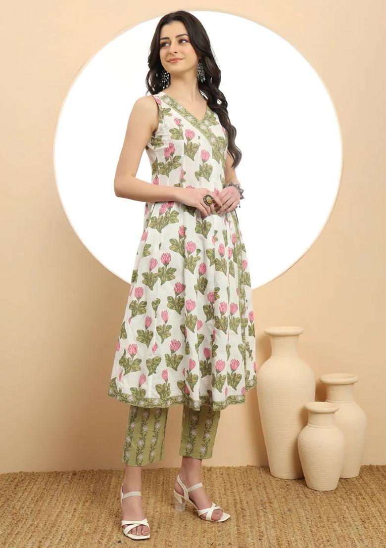 White Printed Cotton Kurta Dupatta Set - Indya