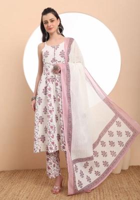 White Motif Cotton Kurta Dupatta Set
