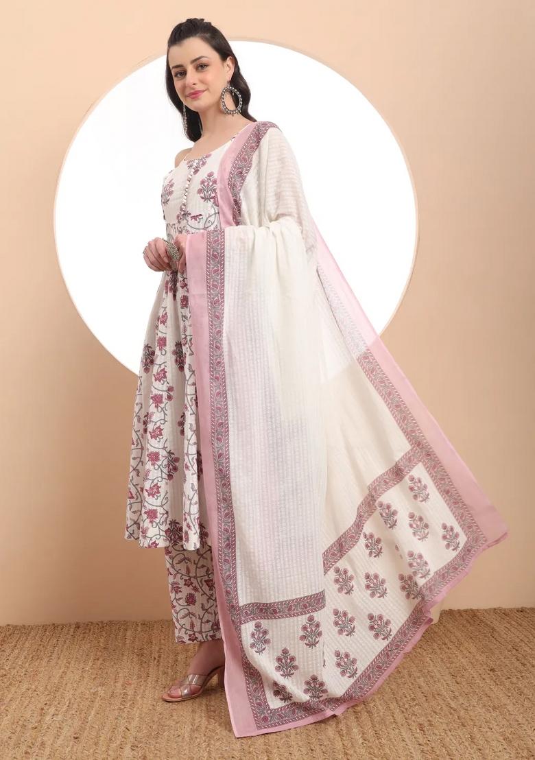 White Motif Cotton Kurta Dupatta Set - Indya