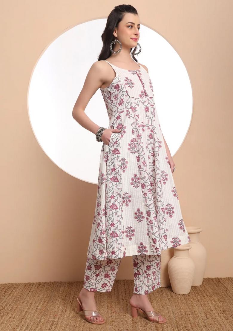 White Motif Cotton Kurta Dupatta Set - Indya