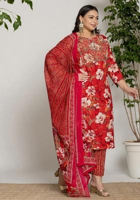 Red Embroidered Cotton Kurta Dupatta Set