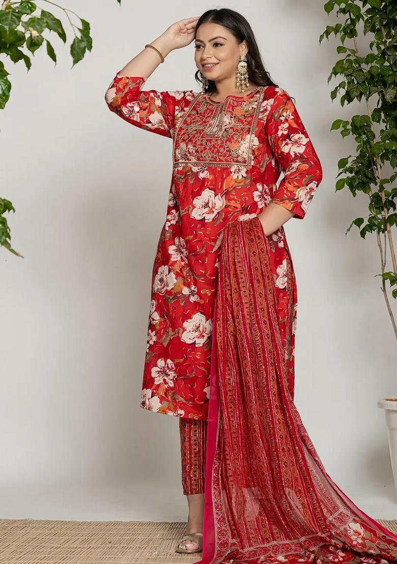 Red Embroidered Cotton Kurta Dupatta Set - Indya