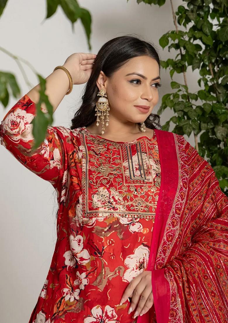 Red Embroidered Cotton Kurta Dupatta Set - Indya