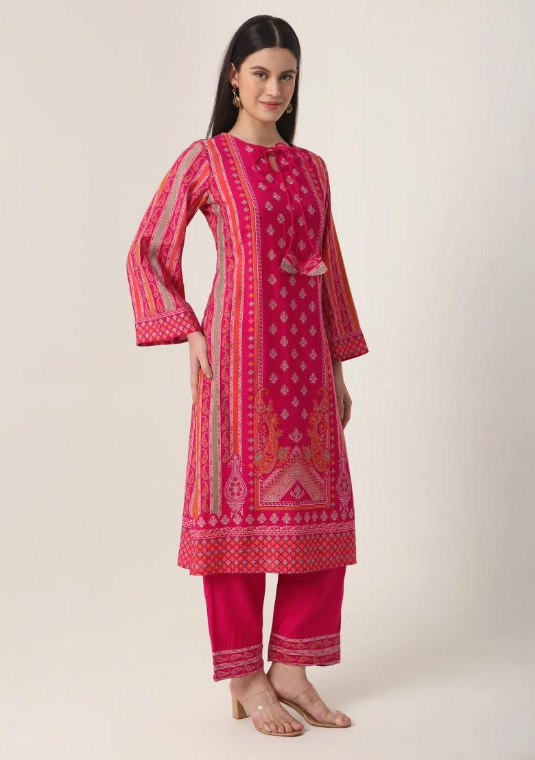 Pink Motif Silk Blend Kurta Dupatta Set - Indya