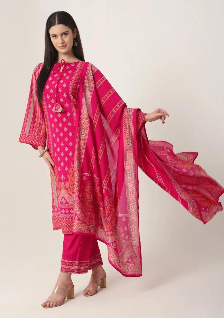 Pink Motif Silk Blend Kurta Dupatta Set - Indya
