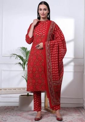 Red Printed Cotton Kurta Dupatta Set