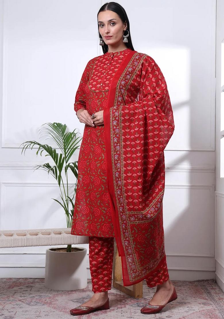 Red Printed Cotton Kurta Dupatta Set - Indya