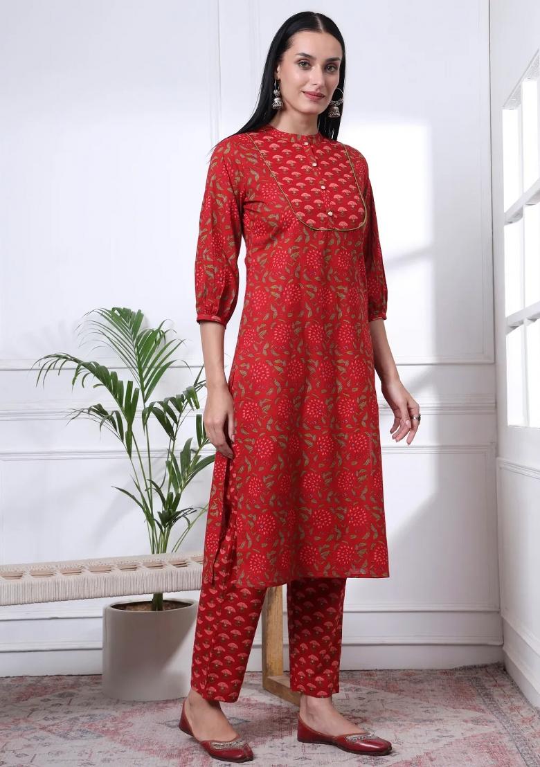 Red Printed Cotton Kurta Dupatta Set - Indya