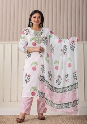 White Printed Cotton Kurta Dupatta Set