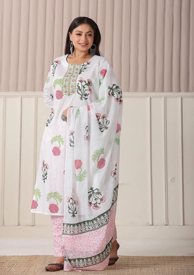White Printed Cotton Kurta Dupatta Set - Indya