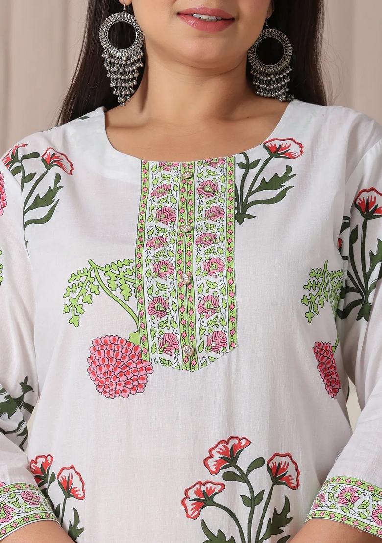 White Printed Cotton Kurta Dupatta Set - Indya