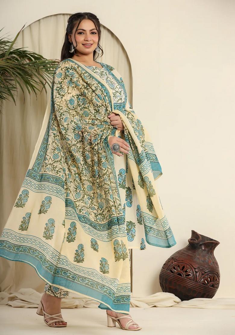 Cream Motif Cotton Kurta Dupatta Set - Indya