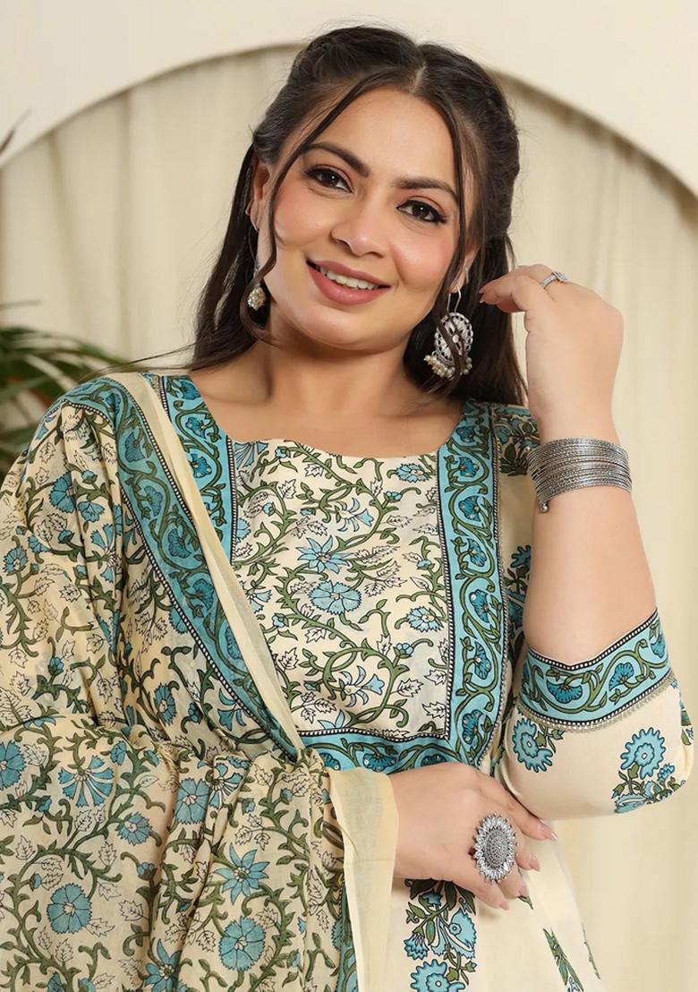 Cream Motif Cotton Kurta Dupatta Set - Indya