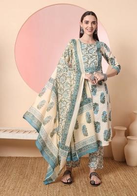 Cream Printed Cotton Kurta Dupatta Set