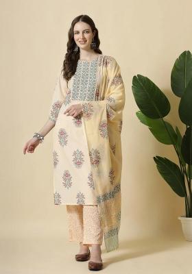 Yellow Printed Cotton Kurta Dupatta Set