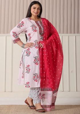 White Printed Cotton Kurta Dupatta Set