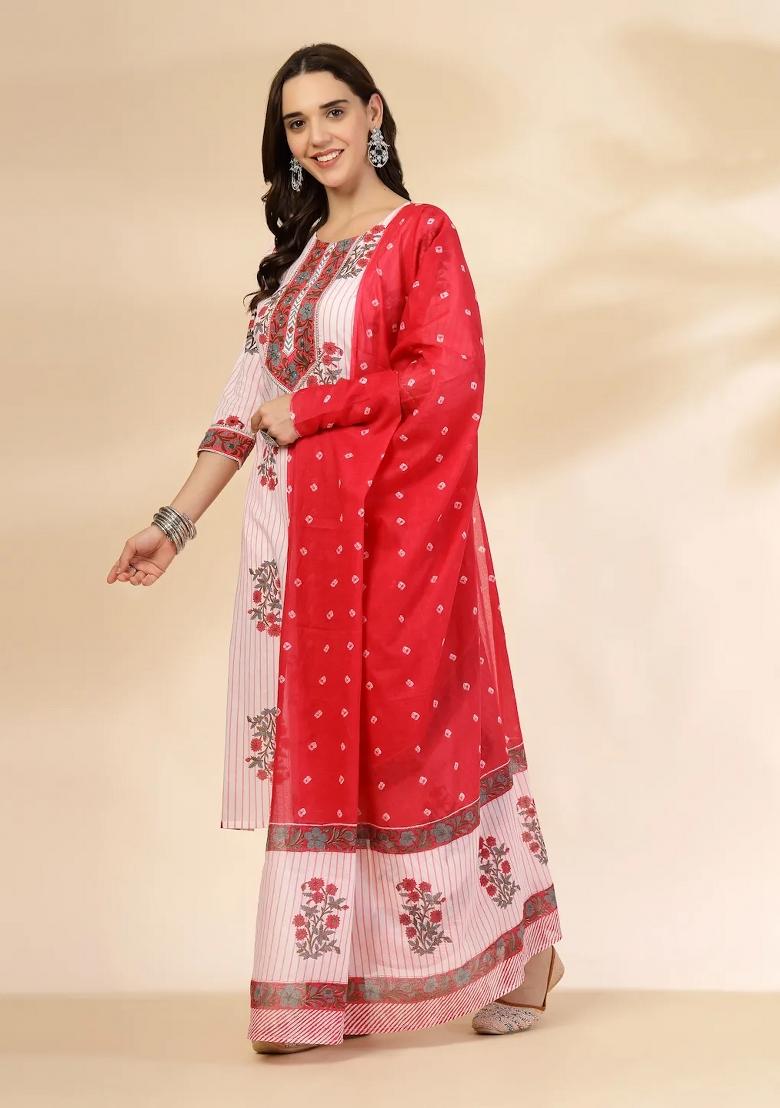 White Printed Cotton Kurta Dupatta Set - Indya
