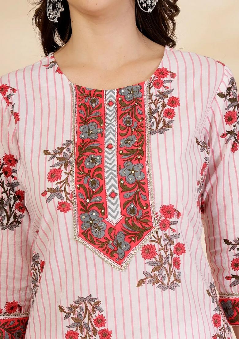 White Printed Cotton Kurta Dupatta Set - Indya