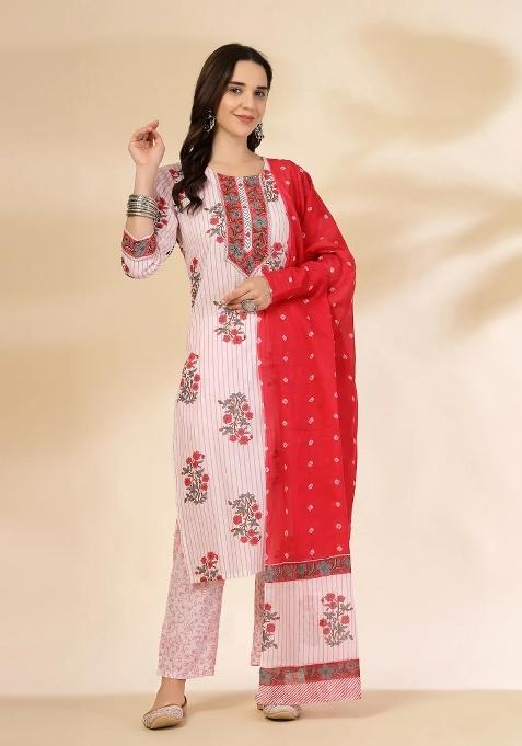 White Printed Cotton Kurta Dupatta Set