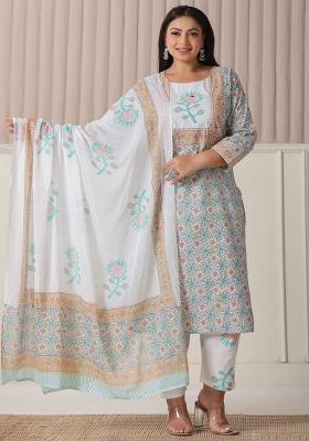 White Motif Cotton Kurta Dupatta Set