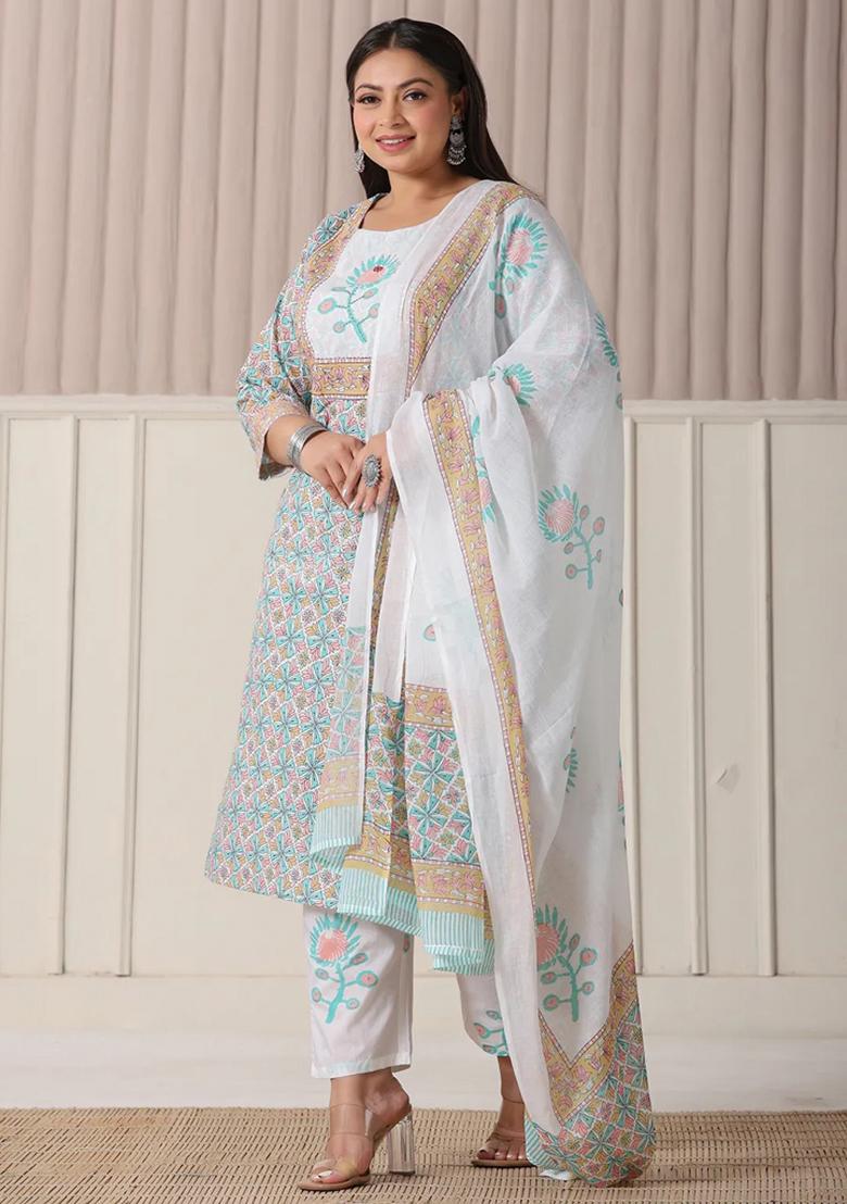 White Motif Cotton Kurta Dupatta Set - Indya