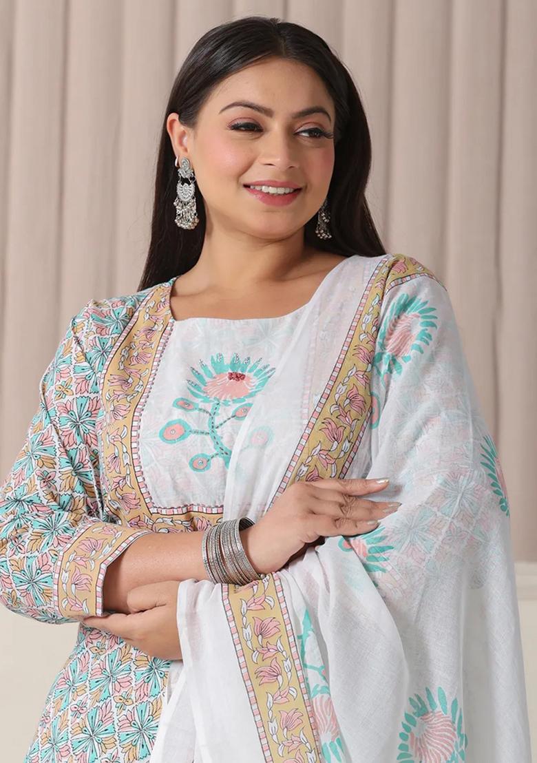 White Motif Cotton Kurta Dupatta Set - Indya