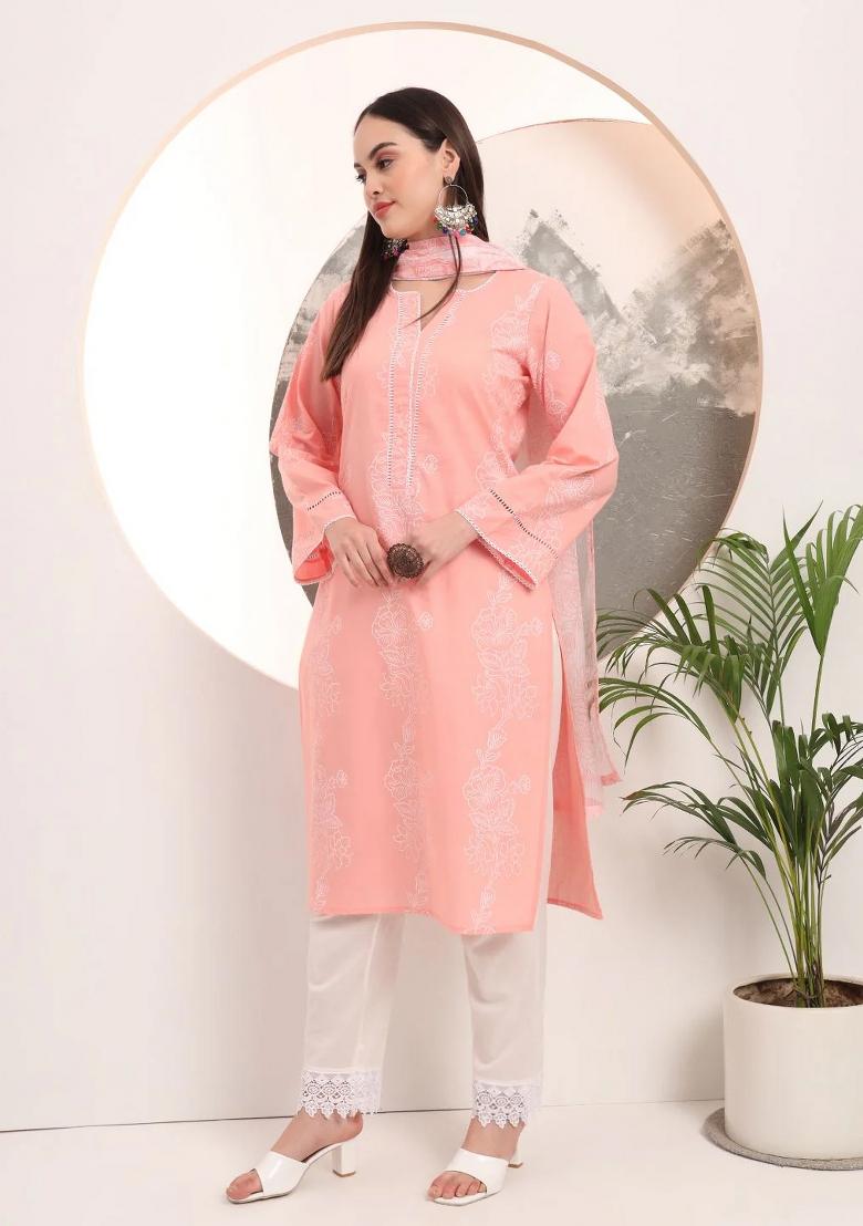 Pink Printed Cotton Kurta Dupatta Set - Indya