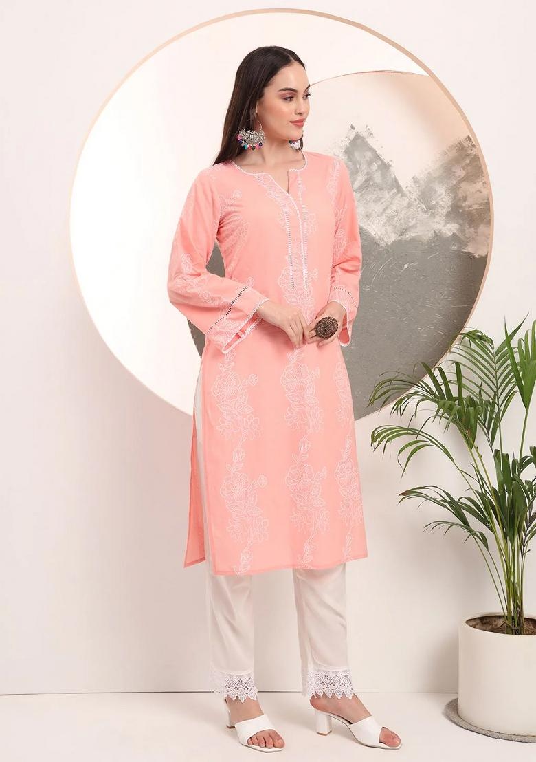 Pink Printed Cotton Kurta Dupatta Set - Indya