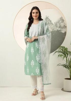 Green Printed Cotton Kurta Dupatta Set
