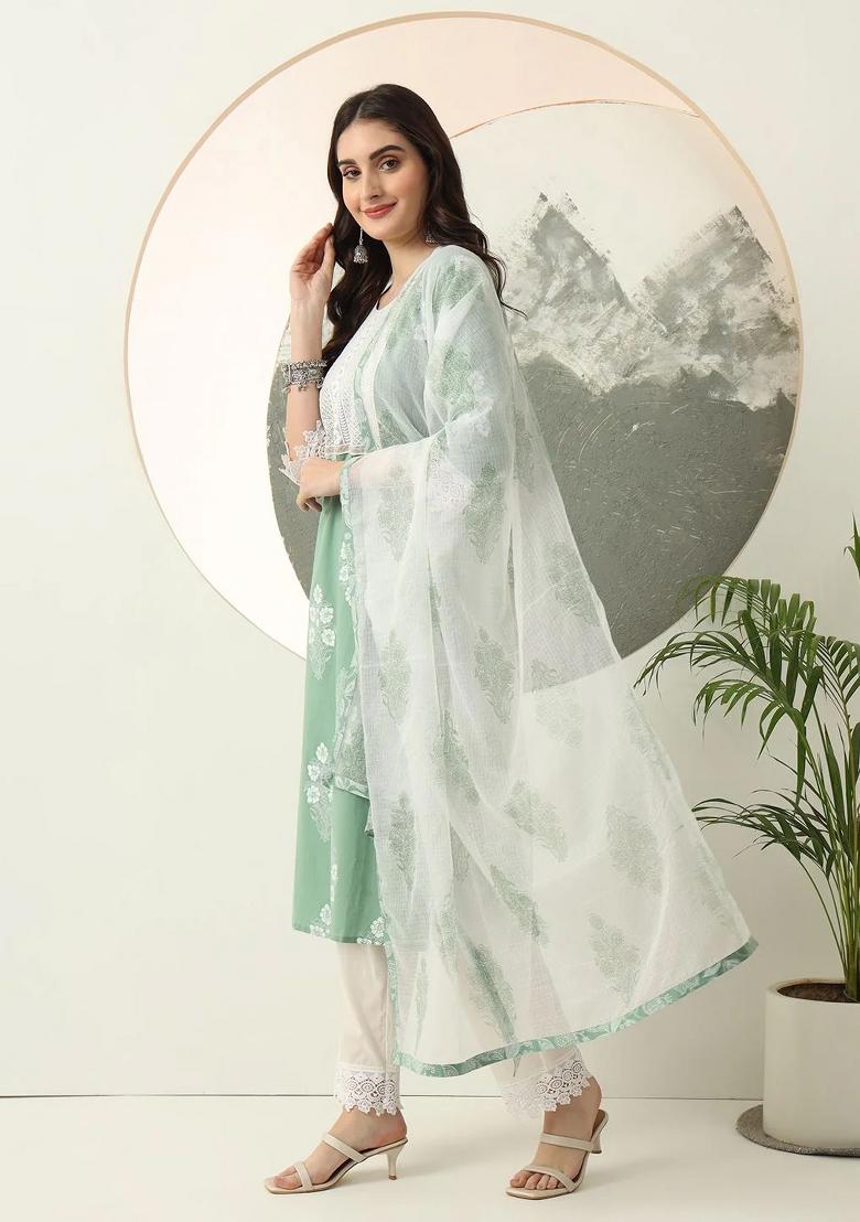 Green Printed Cotton Kurta Dupatta Set - Indya